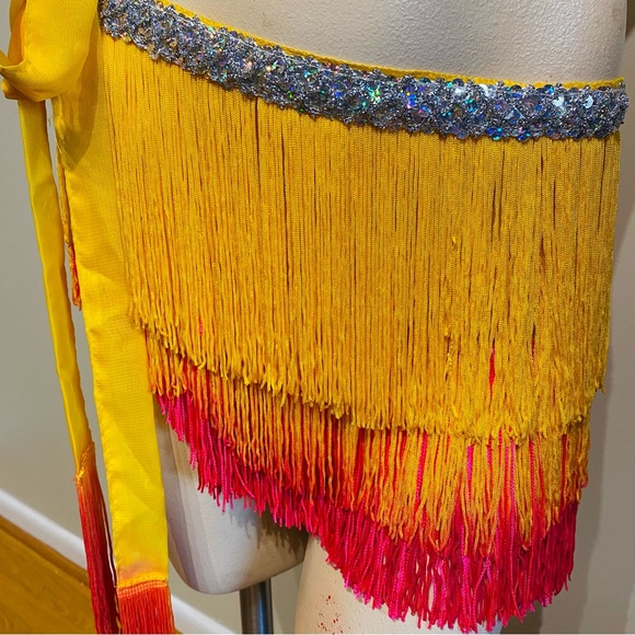 Latin Ombré Yellow & Hot Pink Sequin Tassel Skirt Hip Belt Mini Skirt Tie Up - Picture 1 of 6